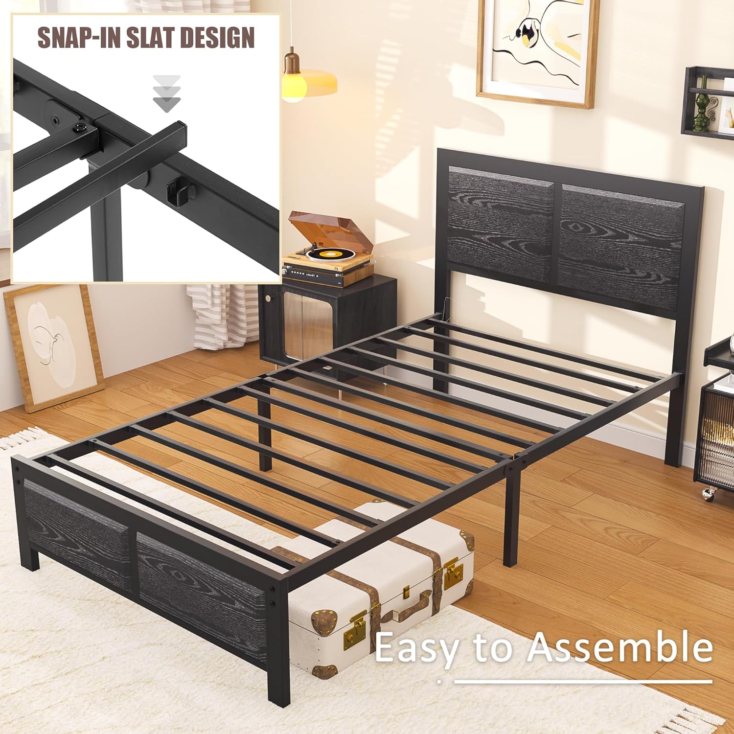 Twin Bed Frame with Wood Headboard and Footboard, 14 Inch Platform Mattress Foundation, No Box Spring Needed, Heavy Duty Slats S