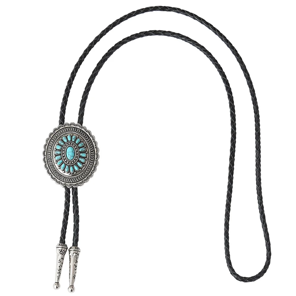 Corbata de bolo Poirot con flores turquesas talladas de vaqueros occidentales indios con cordón de cuero genuino Cheapify Dropshipping