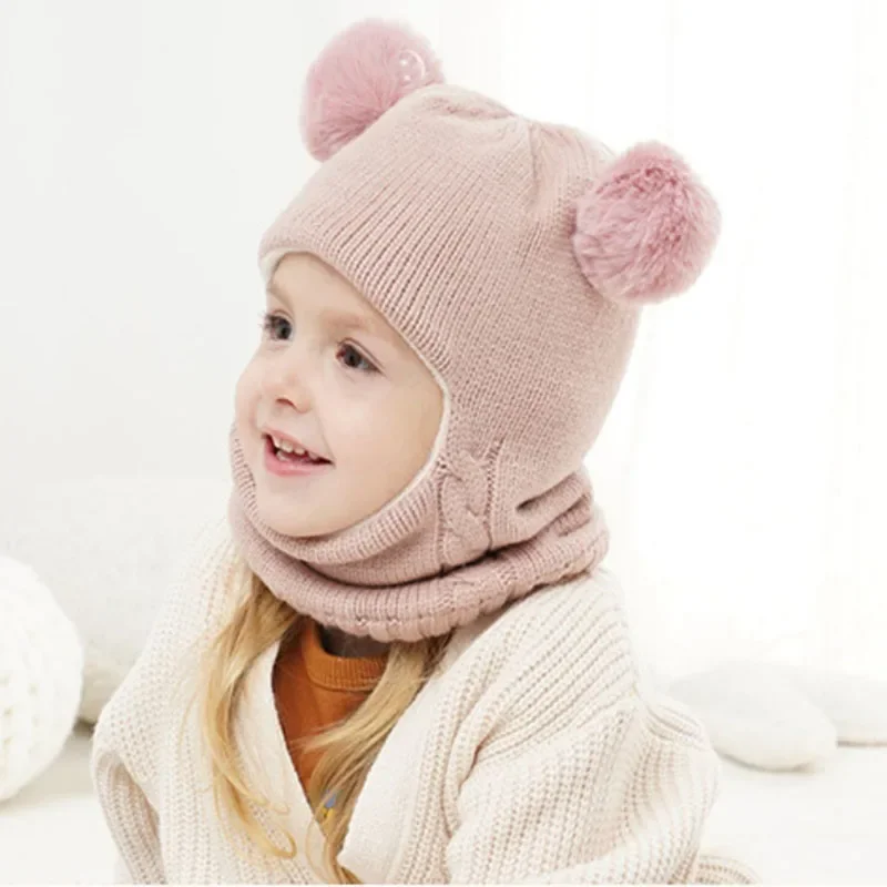 Chapéu de inverno para bebês de 1 a 7 anos, cachecol de uma peça com pompom, chapéu de malha para crianças, boné de bola quente para meninas e meninos, gorros à prova de vento, boné infantil