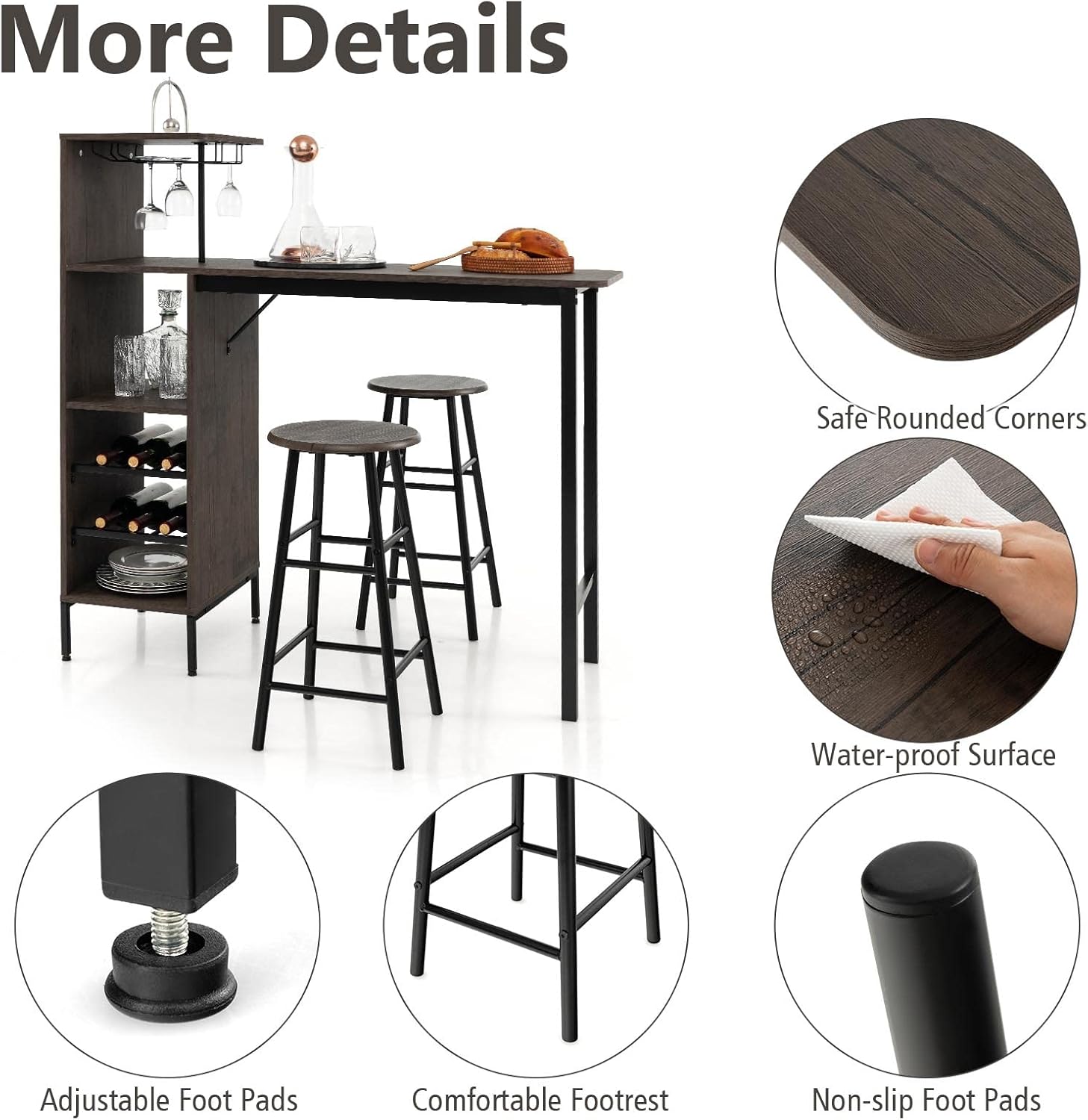 Bartisch-Set, Tresentisch mit 2 Barhooks, Esstisch Stehtisch mit Weinglashalter & Ablage Bistro & Wohnzimmer (Schwarz)