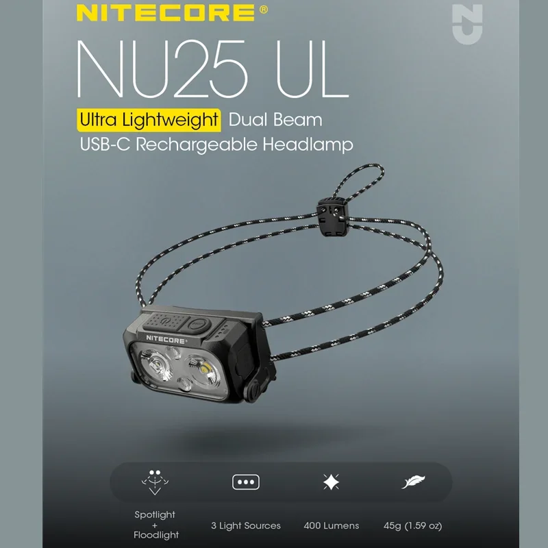 Linterna frontal recargable NITECORE NU25 UL, 400 lúmenes, doble haz, equipada con foco + reflector, linterna frontal ultraligera