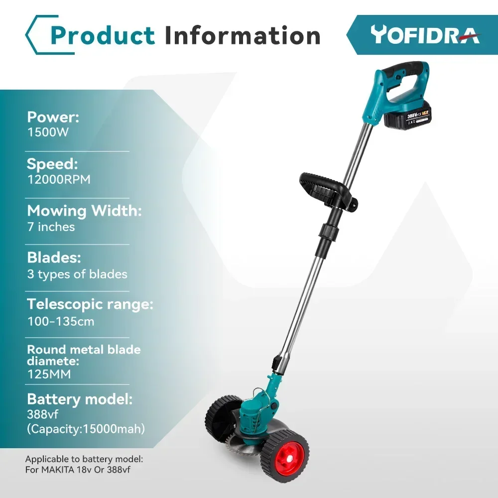 YOFIDRA Tosaerba Elettrico Tenuto In Mano Lunghezza Regolabile Taglierina Cordless Giardino Tagliaerba Per 21V 18V Batteria