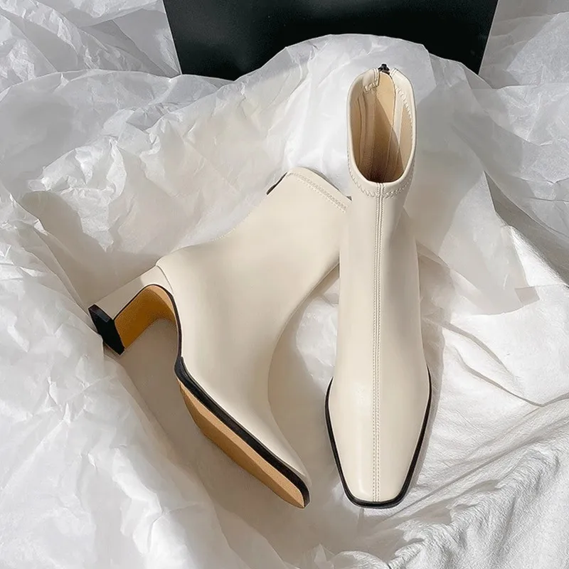 Botines cuadrados de cuero suave para mujer, botas cómodas de tacón alto con cremallera, zapatos de temperamento Simple, moda de otoño
