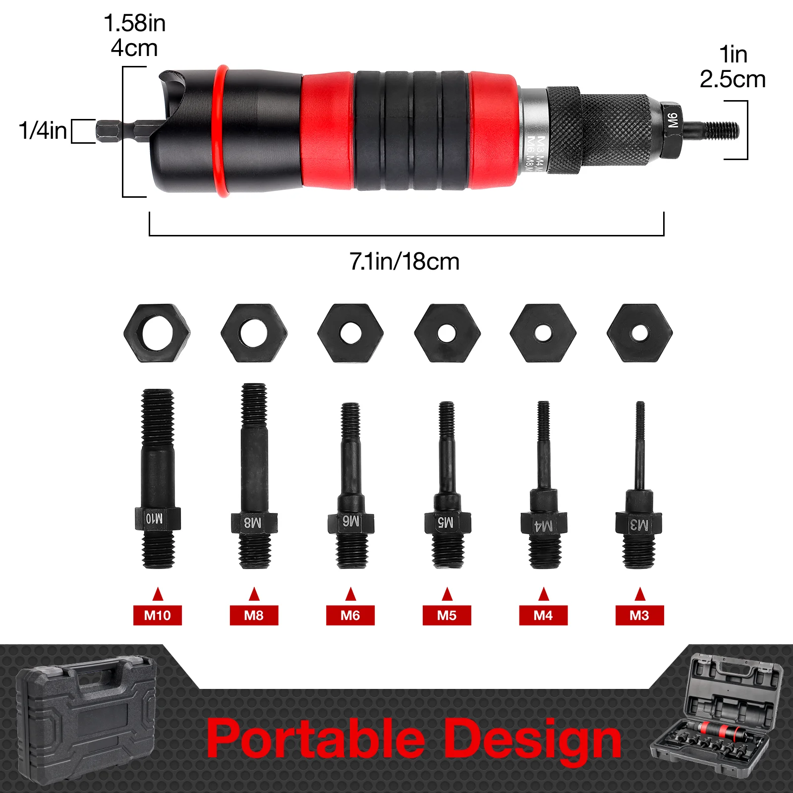 M3 M4 M5 M6 M8 M10 ホームリベットナットガンコンバータキット取り外し可能な DIY ナットインサートナットリベットツールコードレス電動リベットツールツールボックス付き