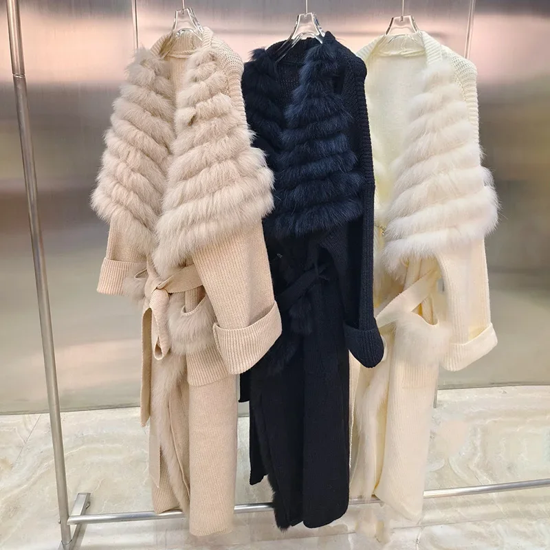 Lady Fashion Sweater Autumn Winter Long Coat 2024 Women's Knitted Cardigan Fox Fur Trim Belt
