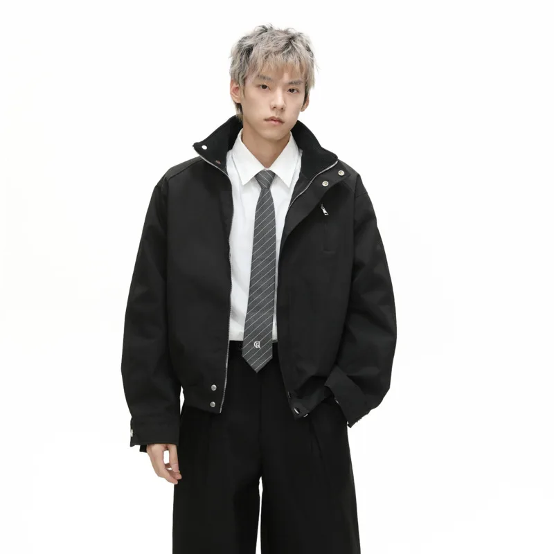 SYUHGFA 2025 Jaket Pria Musim Gugur Kerah Tegak Warna Solid Ritsleting Desain Unik Pakaian Pria Serbaguna Mantel Pria Gaya Korea