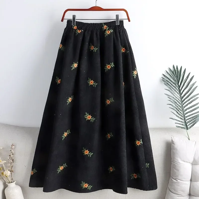 Corduroy bordado saias femininas outono inverno nova chegada saias florais femininas cintura alta emagrecimento meados de bezerro saias para mulher