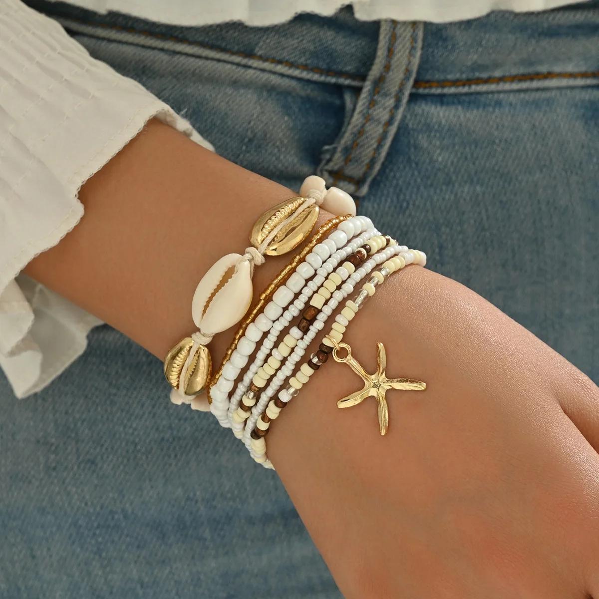7pcs/set Bohemian Holiday Wind Shell Beaded Woven Bracelet Starfish Rice Beads Women's Bracelet Set Beach Party Seaside Holiday