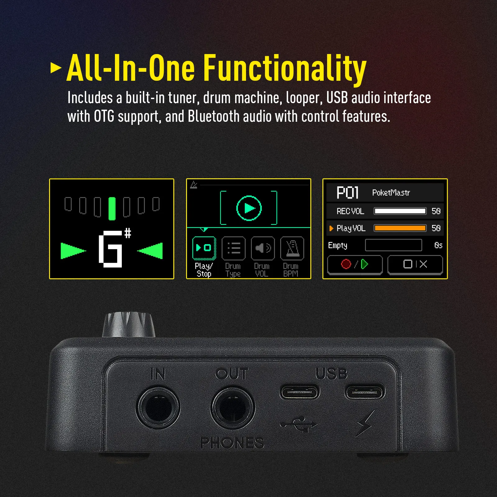 SONICAKE Pocket Master Compact Guitar Bass Amp 100+ Multi-Effects Pedal APP Control 1.77" LCD color screen QME-10
