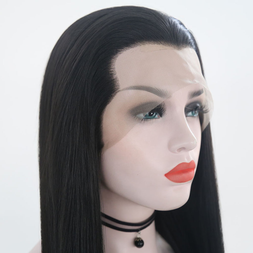 RONGDUOYI コスプレウィッグ白合成レースフロントウィッグ女性または男性使用ロングストレートヘア黒シルキーストレートナチュラル毎日
