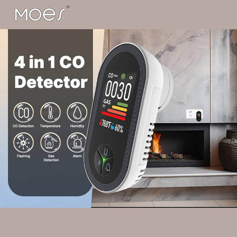 MOES 4-in-1 Plug-in Gas Detector for CO & Natural Gas, with Temp/Humidity Sensor, Alarm for LPG/Propane/Methane/Ethane​​
