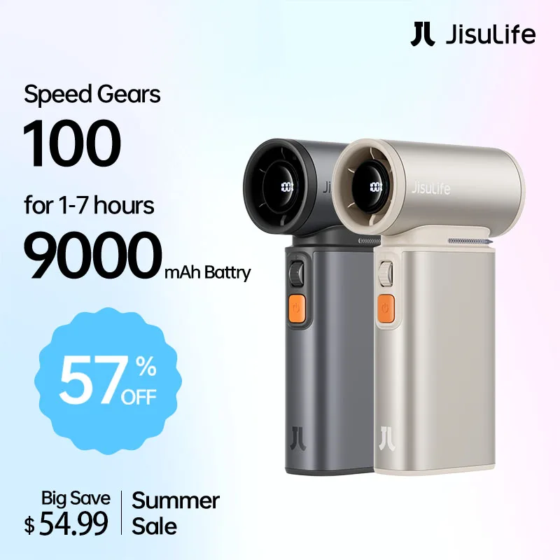 JISULIFE Ventilador de mano turbo portátil, 100 velocidades de viento ajustables, batería recargable de 9000 mAh, pantalla LED, camping al aire libre