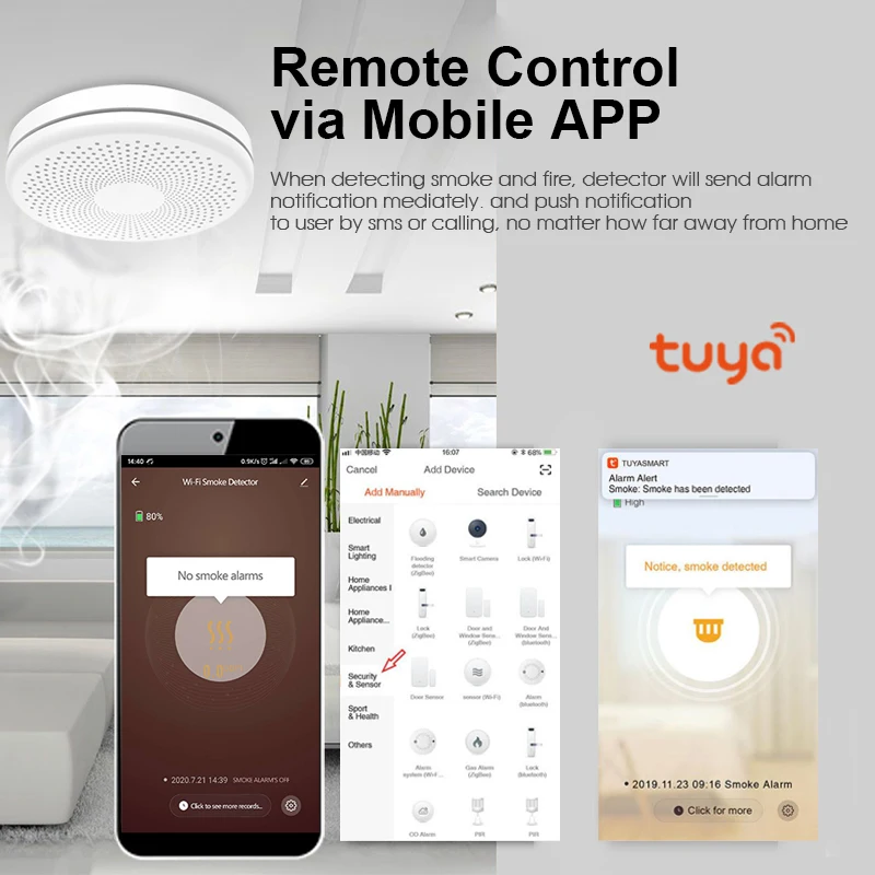 Sensor Detector de humo y monóxido de carbono, alarma de sonido, función WiFi, Tuya e Smart Life, versión 2 en 1