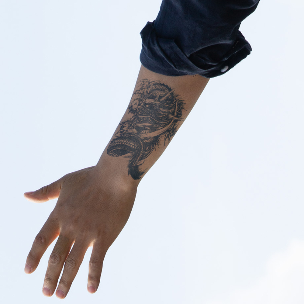 ยาวนานกันน้ําชั่วคราวสติกเกอร์สักปลอม,Blue Totem เข็มทิศมังกรสําหรับชายหญิง Cool Beauty แฟชั่น Body Art