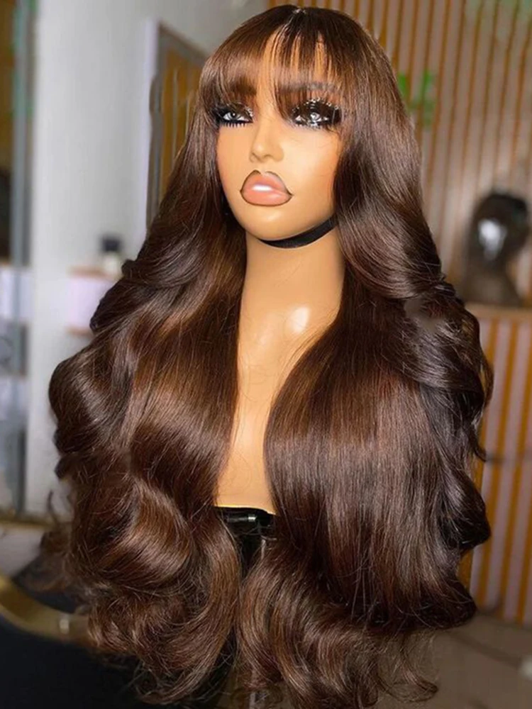 Chocolate marrom 13x6 hd laço frontal peruca de cabelo humano com franja onda do corpo peruca dianteira do laço colorido 4 #   Perucas baratas com estrondo