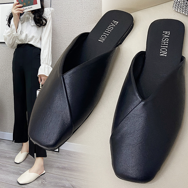 Zapatillas planas cuadradas con punta cerrada para mujer, zapatos informales de cuero, color blanco y negro, talla grande 35-43, 2023