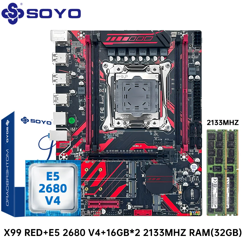 SOYO X99 LGA 2011-3 Set Kit Xeon E5 2680 V4 32G=2*16G DDR4 REG ECC RAM Memory NAME M.2 NVME SATA3.0 USB 3.0 For Gaming Computer