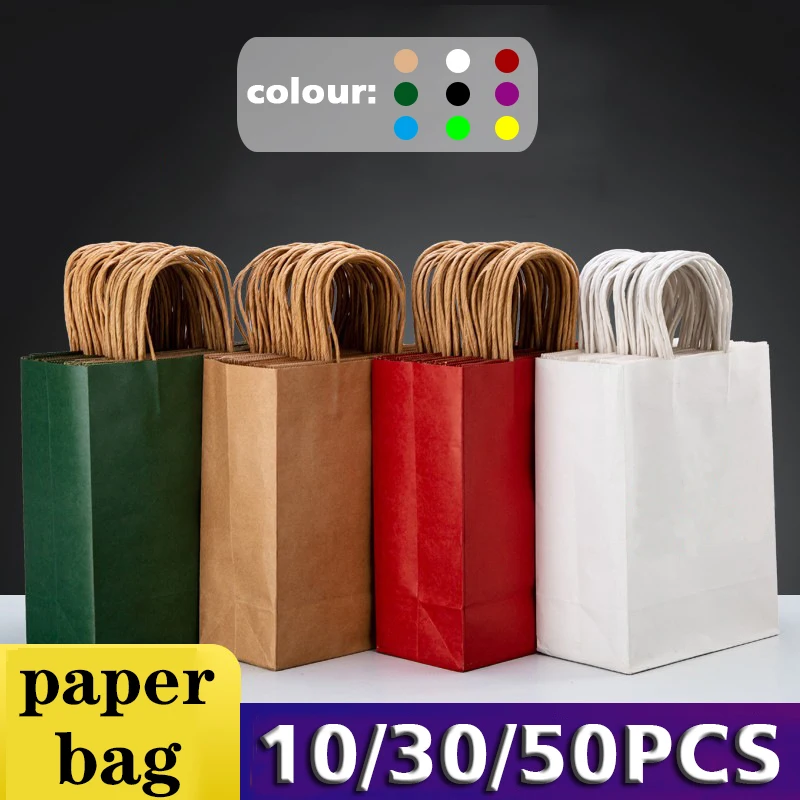 Bolsa de regalo para fiesta navideña con asa, bolsa de compras para joyería, Día de Acción de Gracias, San Valentín, regalo de matrimonio, bolsa de papel de colores, 10/30/50 Uds.