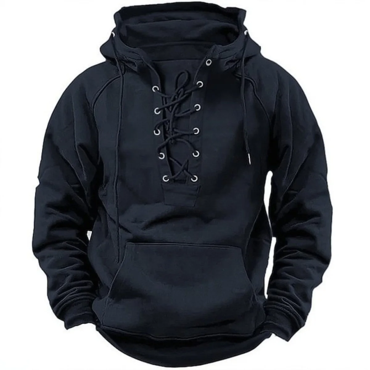 2025 Jaqueta casual masculina outono inverno ao ar livre: retrô com cadarço, ajuste solto, moletom com capuz de manga comprida de cor pura
