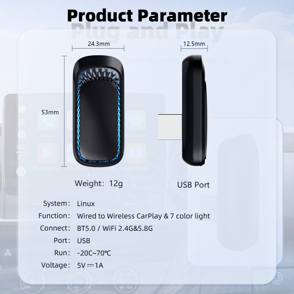 CarAiBOX RGB Colorful Wireless CarPlay or Android auto Adapter Dongle With USB Plug and Play Smart Link Phone Automatic