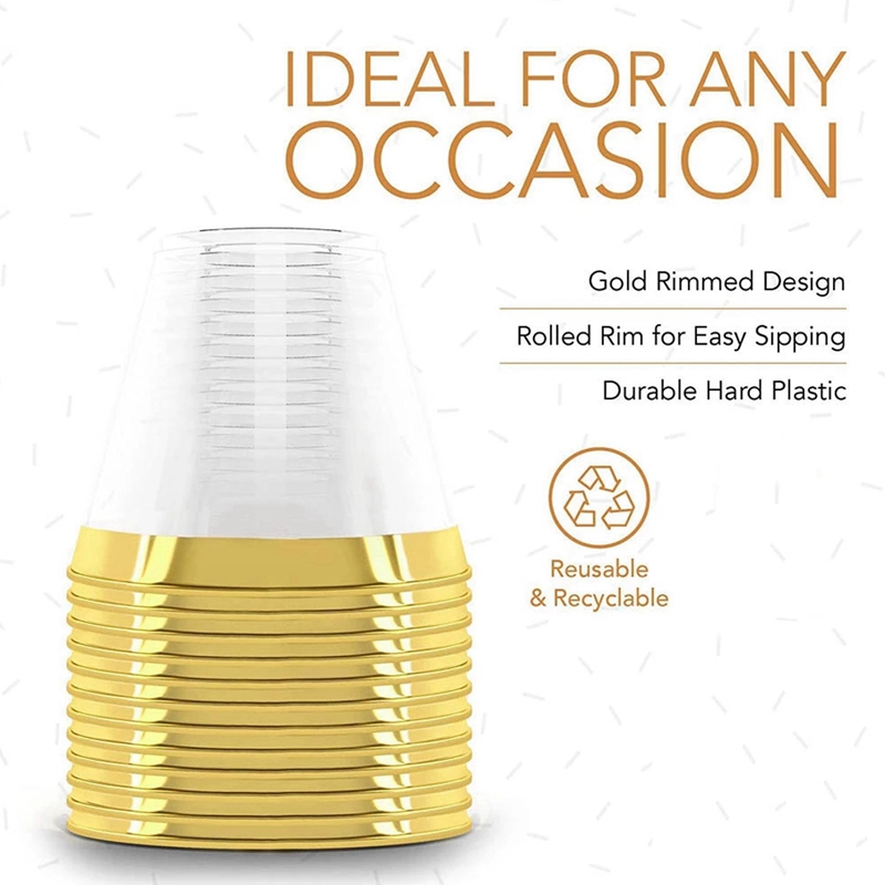 12 PCS Plastic Cup 9 Oz Hard Disposable Cup Plastic Wine Glass Party Wedding Wine Glass Transparent Plastic Cup -Gold Rim
