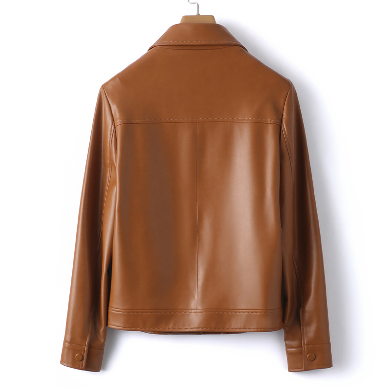 Vestes en peau de mouton pour femmes, col rabattu, boutons couverts, combinaison courte pour dames, noir, décontracté, vêtements en cuir fendu, nouveau, 2024