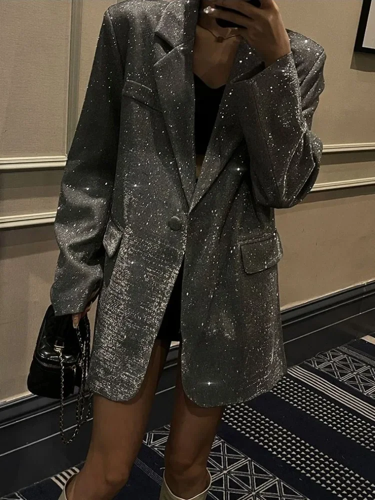 Glänzende Pailletten Glitter Revers Anzug Outwear für Frauen Luxus Langarm Mode Tasche elegante funkelnde Mantel Damen Anzug Outwear