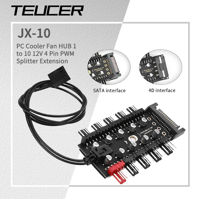 TEUCER PC-Kühler, Lüfternabe, 1 bis 10, 12 V, 4-poliger PWM-Splitter, Verlängerung, Steckdosenkonzentrator