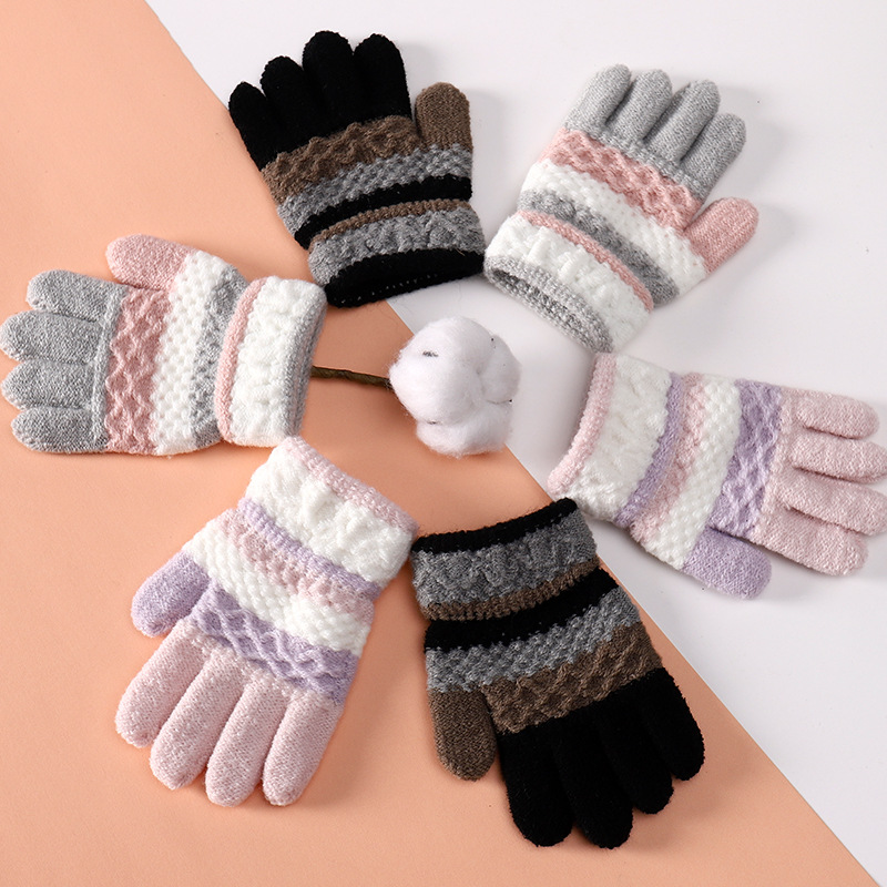 Guantes cálidos para niños de otoño e invierno, guantes de dedo completo de punto a rayas gruesos para niños y niñas de 3 a 8 años