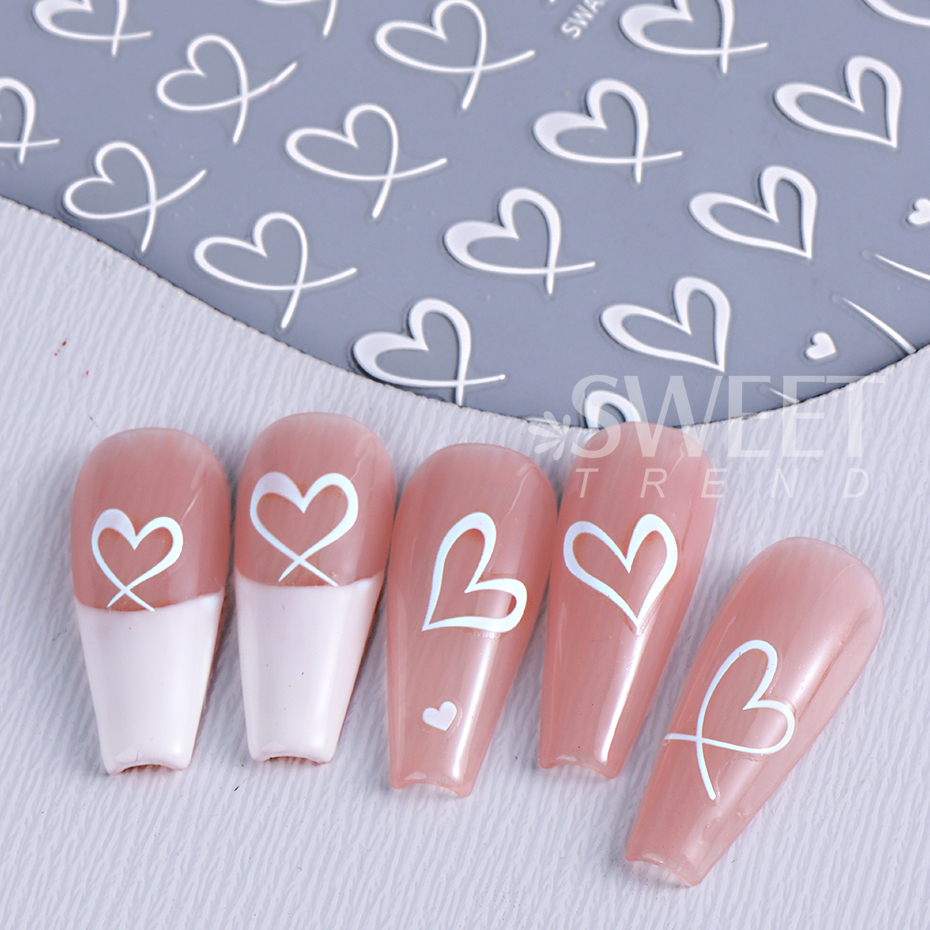 3pcs Valentine's Day Nail Art Stickers 3D Black White Pink Lines Love Heart Nail Decals DIY Adhesive Slider Manicure Decorations
