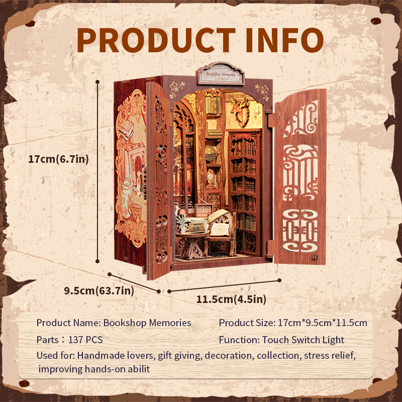 CUTEBEE DIY Book Nook Kit Miniaturowy drewniany domek dla lalek z lekką półką na książki Model dekoracji na prezenty Wspomnienia z księgarni