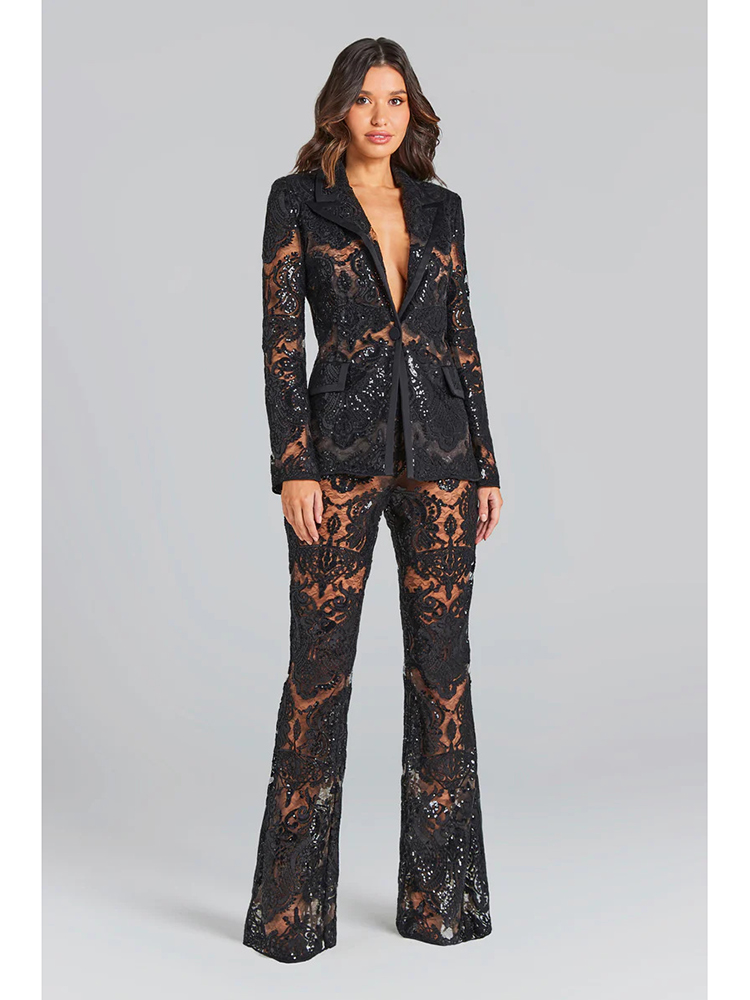 HIGH STREET Newest 2024 Designer Runway Suit Set Women's Single Button Guipure Lace Blazer  Flare Pants Set