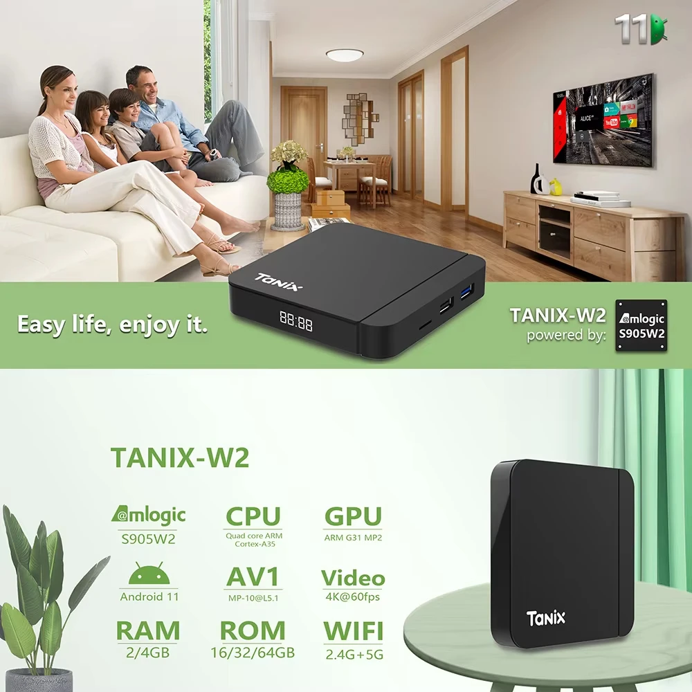Tanix W2 Android 11 TV-Box Amlogic S905W2 2 GB 16 GB 2,4 G/5 G Dual Wifi BT Media Player Set-Top-Box VS Tanix X4 Box