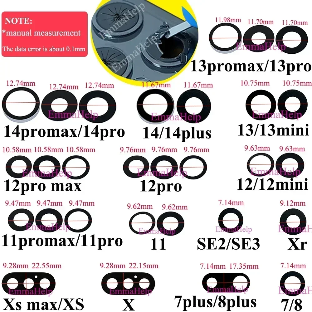 EmmaHelp 10pcs กระจกกล้องด้านหลังสําหรับ iPhone 7 8 PLUS 6 6S 6Plus 7Plus X XR XS สูงสุด 11 12 ฝาครอบด้านหลังเลนส์ 3M ผู้ถือสติกเกอร์อะไหล่