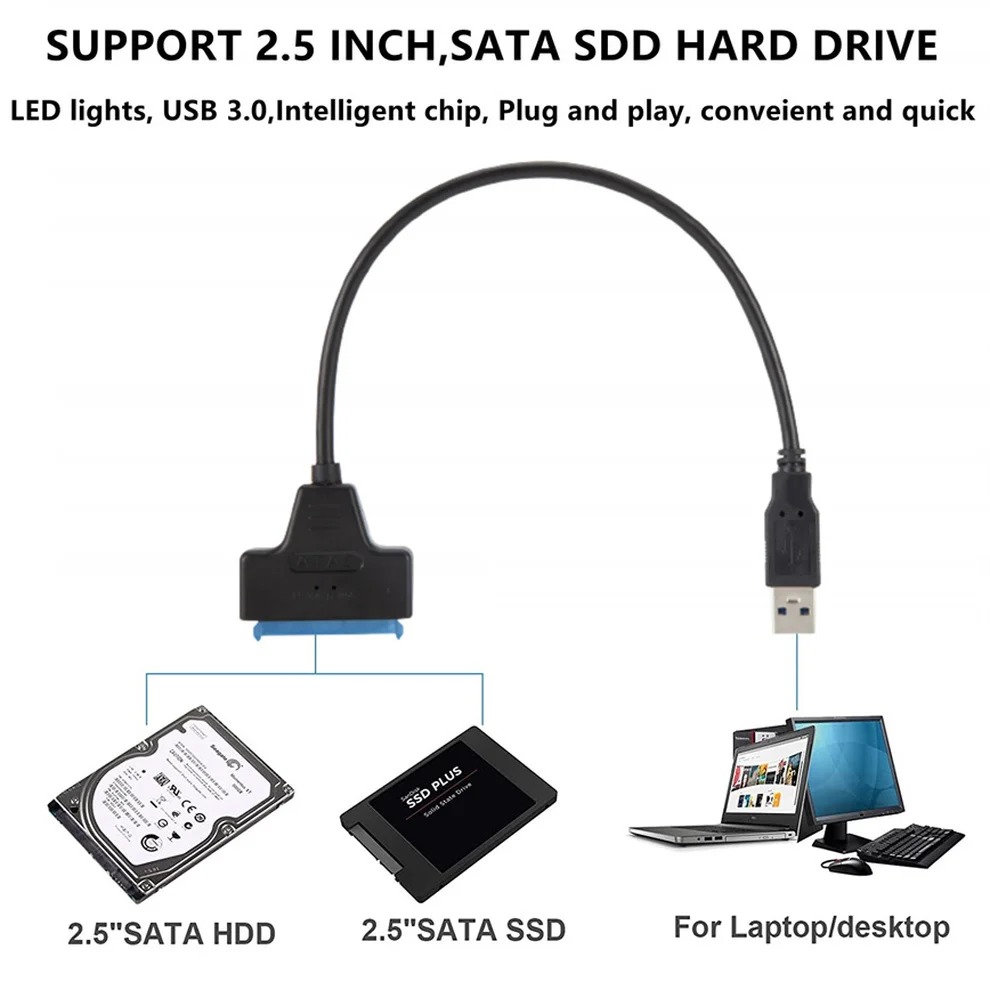 Cable SATA a USB 3,0/2,0 para disco duro externo HDD SSD de 2,5 pulgadas Cable SATA 3 de 22 pines Cable USB 3,0/2,0 a Sata III de hasta 6 Gbps