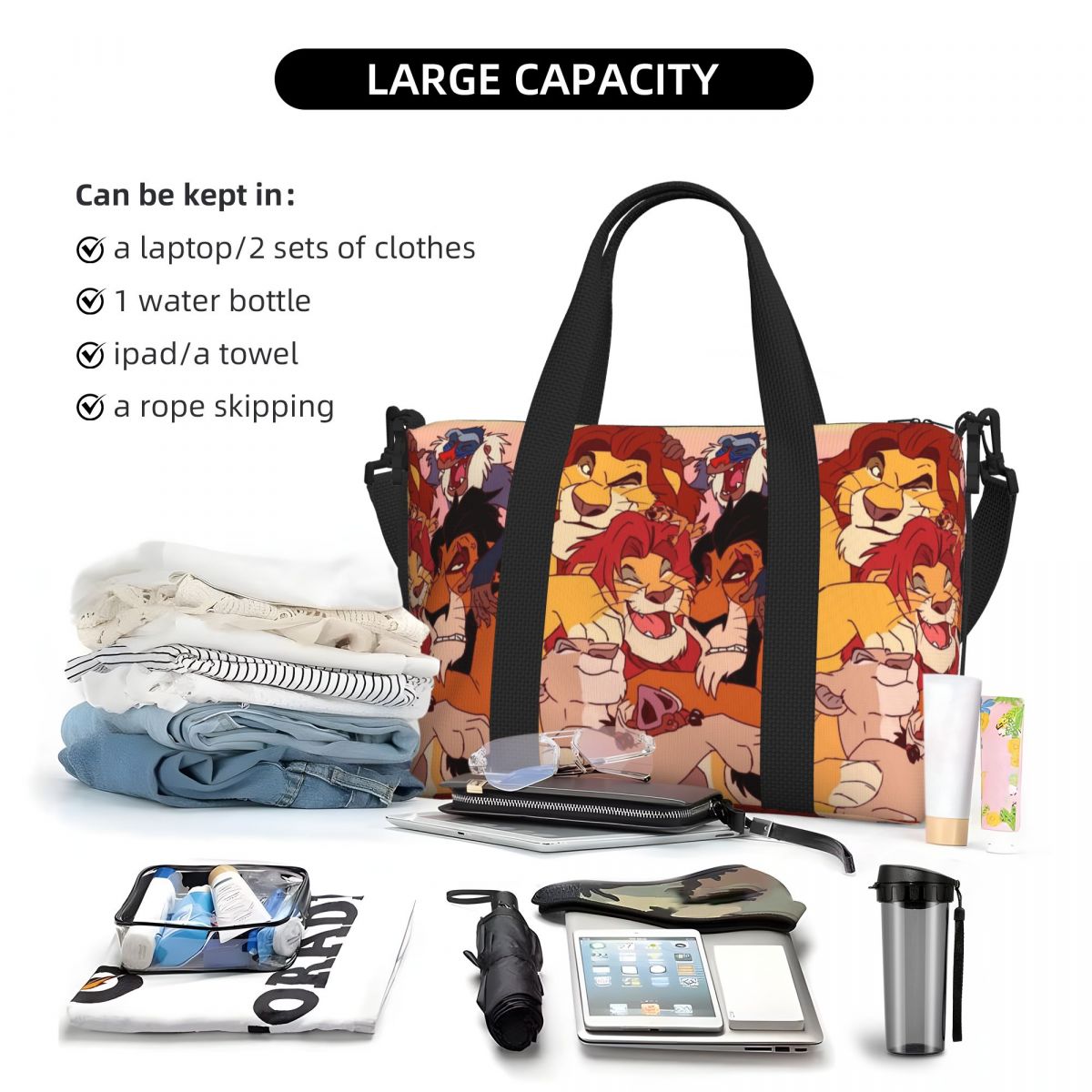 Benutzerdefinierte The Lion King Charaktere Simba Tragetasche für Frauen, großes Fassungsvermögen, niedliche Cartoon-Strand-Gymnastik-Reisetaschen