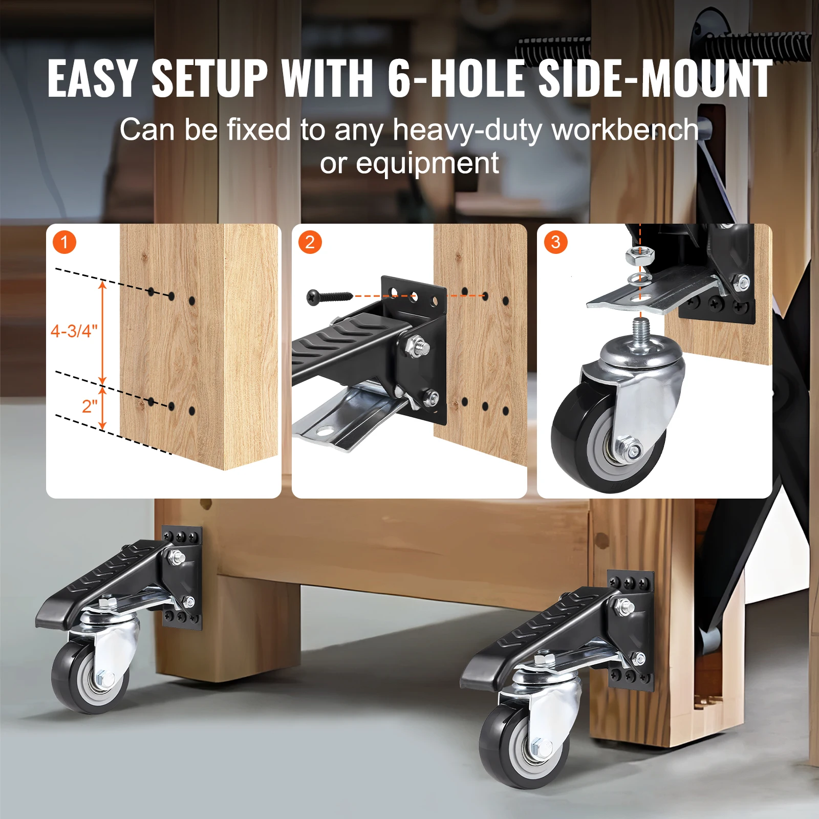 VEVOR 165 lbs 2.5" Set of 4 Workbench Caster Wheels Side Mounted Retractable Stepdown Wheel 360° Swivel for Tables and Equipment