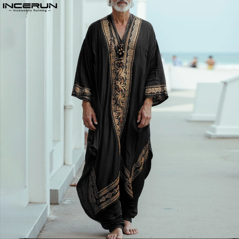 Incerun masculino jubba thobe impressão retalhos com decote em v manga longa roupões masculinos muçulmano kaftan solto 2025 árabe casual caftan abaya