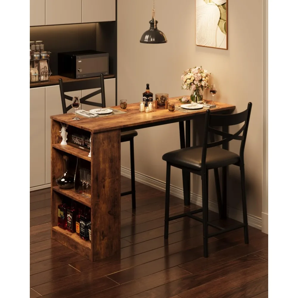 Dining Table Set for 2, 16" Wide Cushions for Comfortable Seating, Bar Table and Chairs with Flip Top Extension, Suitable
