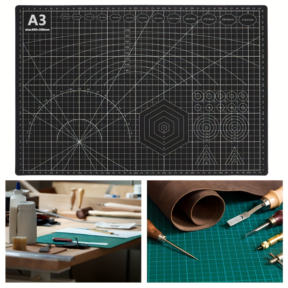 Tappetino artigianale A3 nero in pelle antiscivolo in PVC, tappetino da taglio a griglia, adatto per forniture fai da te, artigianato cartaceo, artigianato artistico