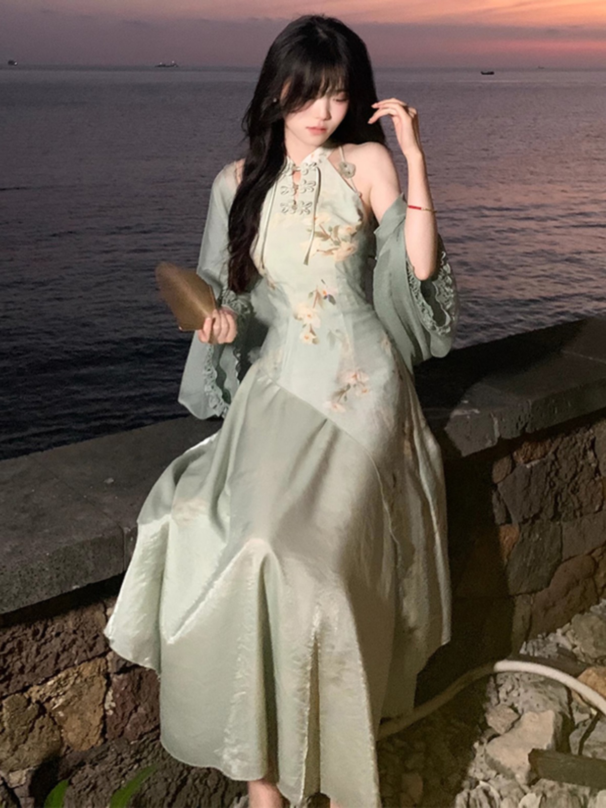 Vestido  E Verde Sem Mangas com Decote Suspenso, Novo Estilo Chinês, Alta Moda, Primavera Verão, Traje Tradic...