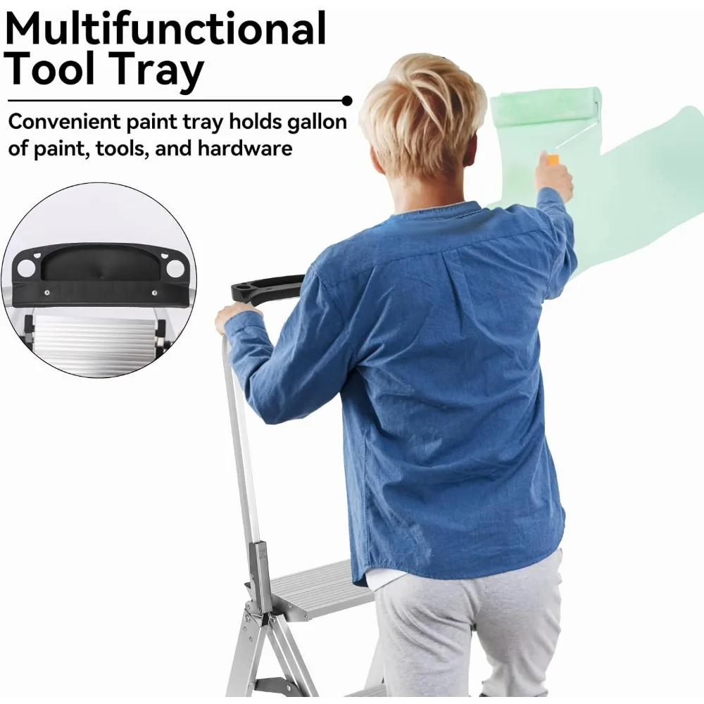 Step Ladder Pro with Tool Platform, Aluminum Folding 3 Step Stool with Non-Slip Wide Pedal, Rubber Feet, Lightweight Multi-