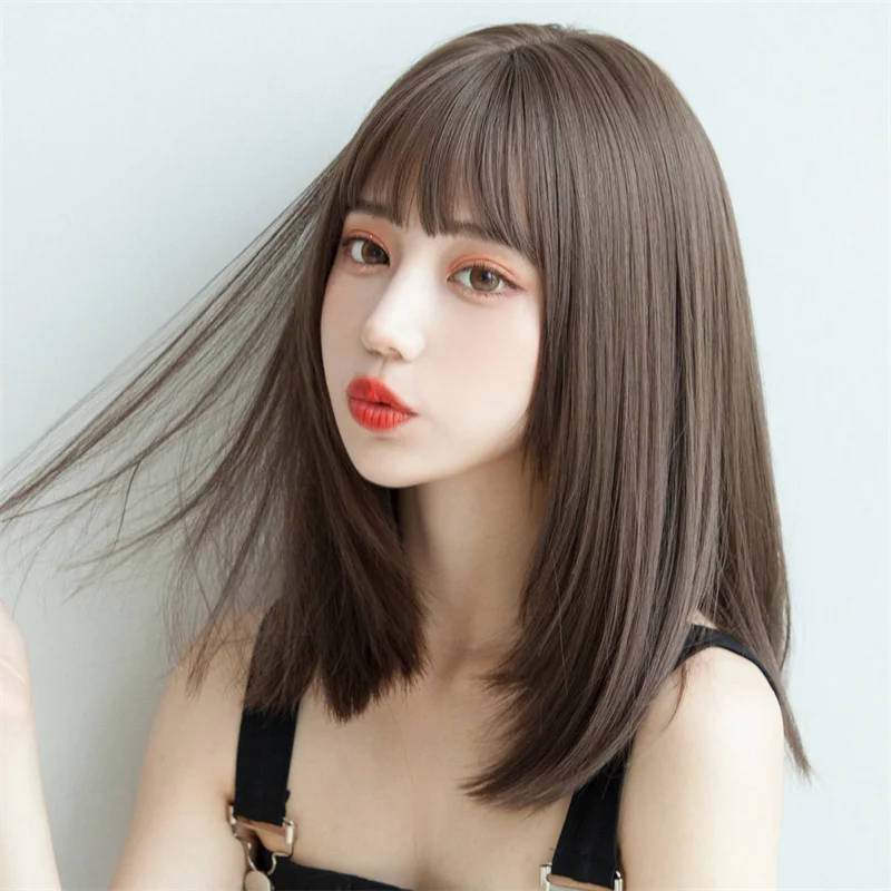 Extensões de cabelo estilo coreano, moda sintética, perucas femininas jovens, capa de cabeça respirável, comprimento médio, peruca reta, chapéu para mulheres