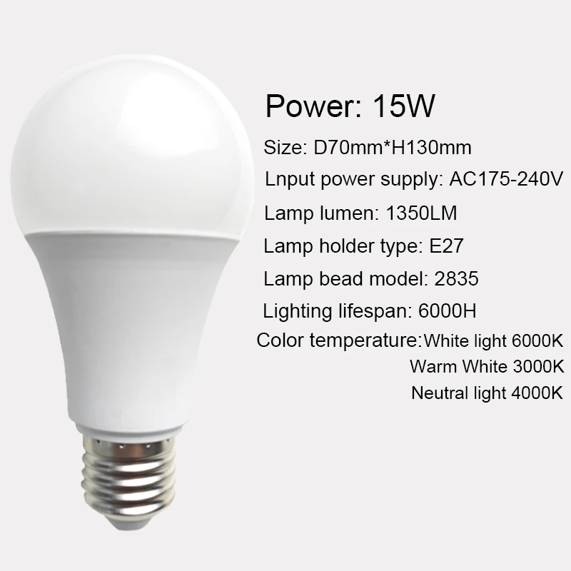 Adjustable Color Temperature LED Bulb 2835 Chip E27 Base Indoor Lighting 5W 7W 15W Tunable White Light for Home AC175-240V