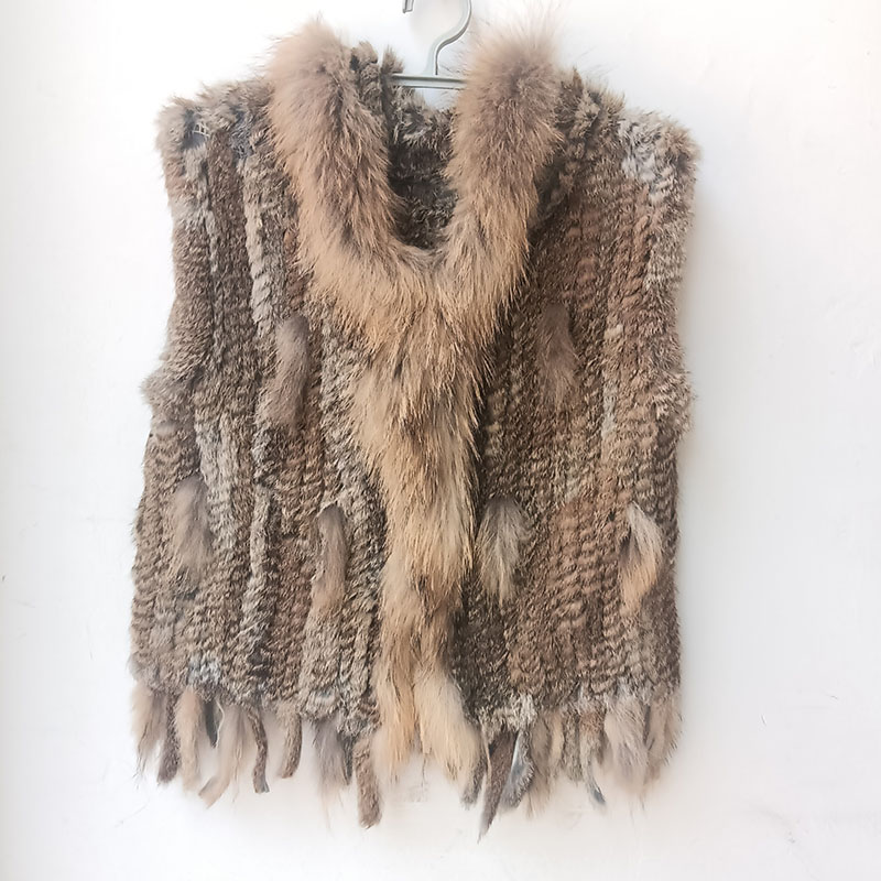 Mulheres com capuz de malha colete de pele de coelho real com gola de pele de guaxinim real moda sem mangas genuíno pele de coelho gilet outwear