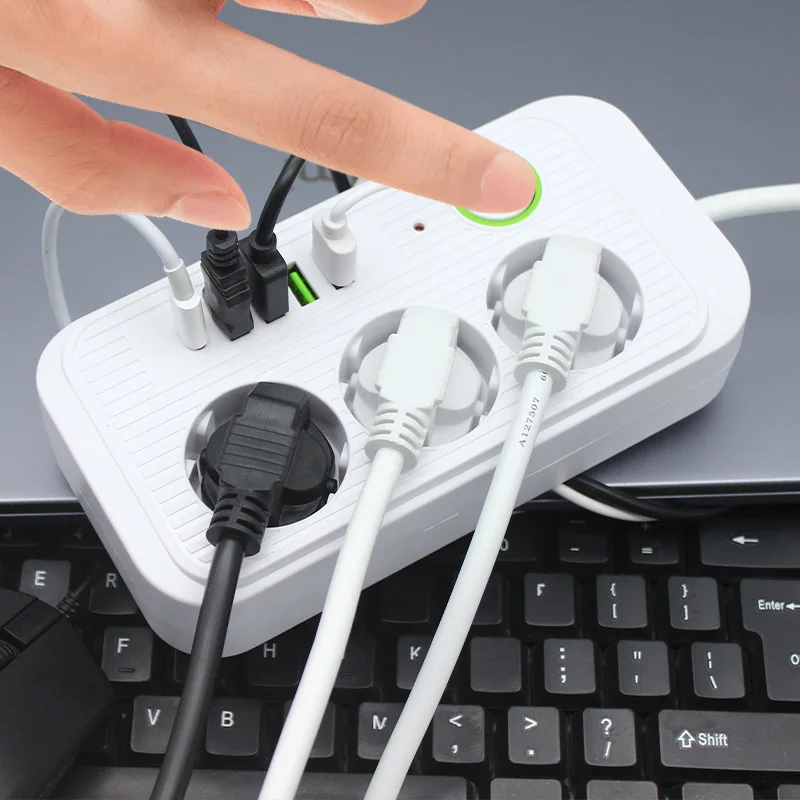 Regleta de enchufe europeo, Cable de extensión de 2M, tomas múltiples de 3AC, toma de corriente con 4 USB, 1 tipo C, filtro de red, carga rápida