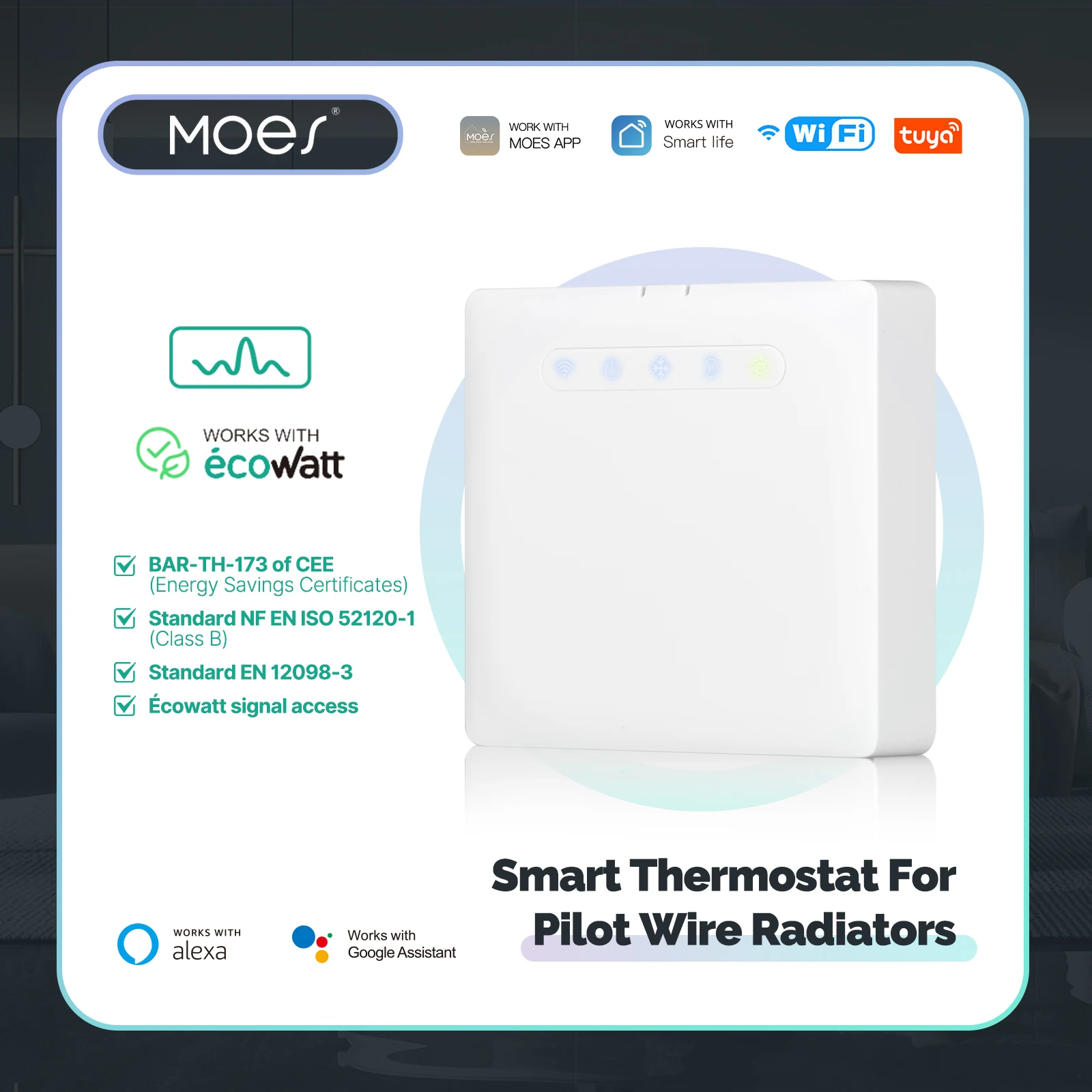 Termostato inteligente wi-fi para radiador de aquecimento de fio piloto, suporte ecowatt, monitoramento de eletricidade, aplicativo de controle remoto, alexa, googlehome