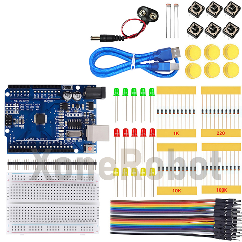 Стартовый комплект для мини-макетной платы UNO R3, светодиодная перемычка, кнопка для Arduino Diy Kit, школьная образовательная лаборатория