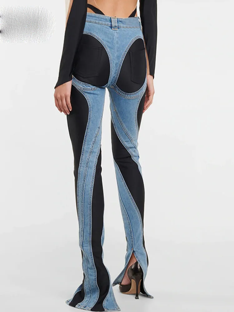 Fashion Designer Color Block Women's Jeans Slim Deconstruct Panelled Patchwork High Waist Split Blue Long Denim Pants Autumn