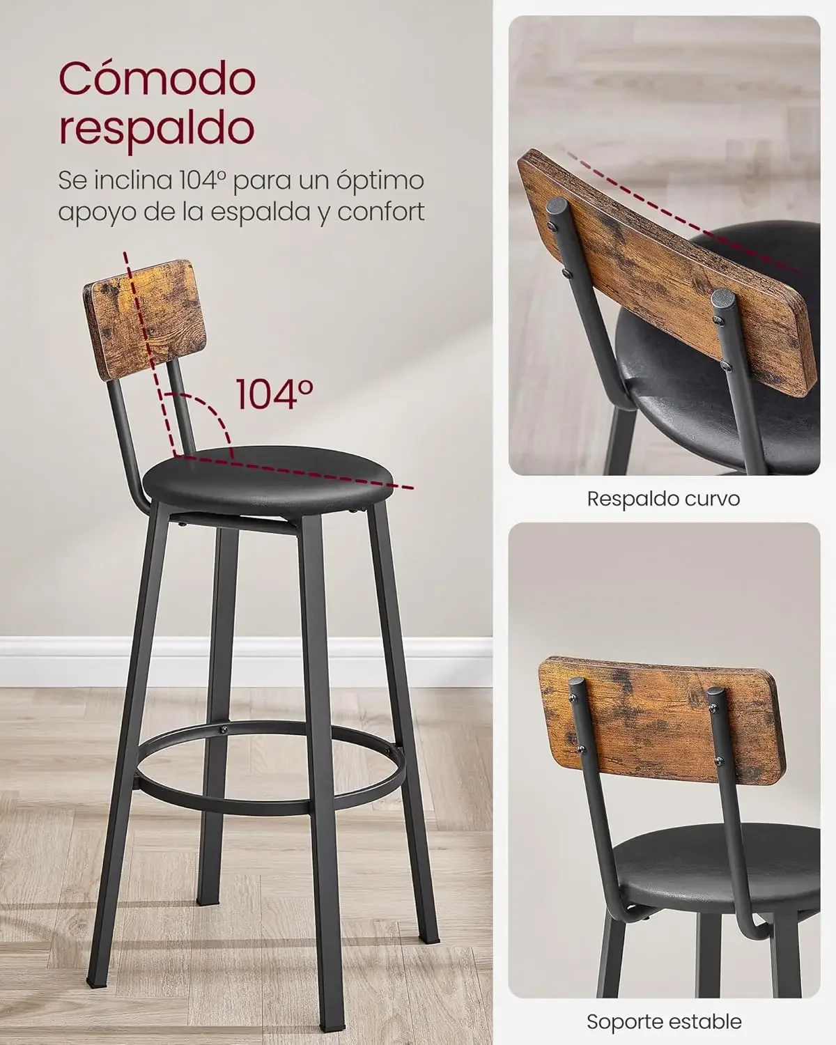 Zeitbegrenzter Rabatt-Taburetes de Bar, Tapizados PU, Taburete Alto con Reposapiés, Montaje Simple, Industrial, para Cocina, C